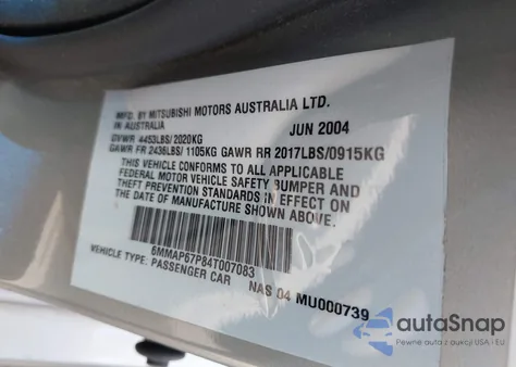 2004 Mitsubishi Diamante Ls from USA, damaged, VIN 6MMAP67P84T007083